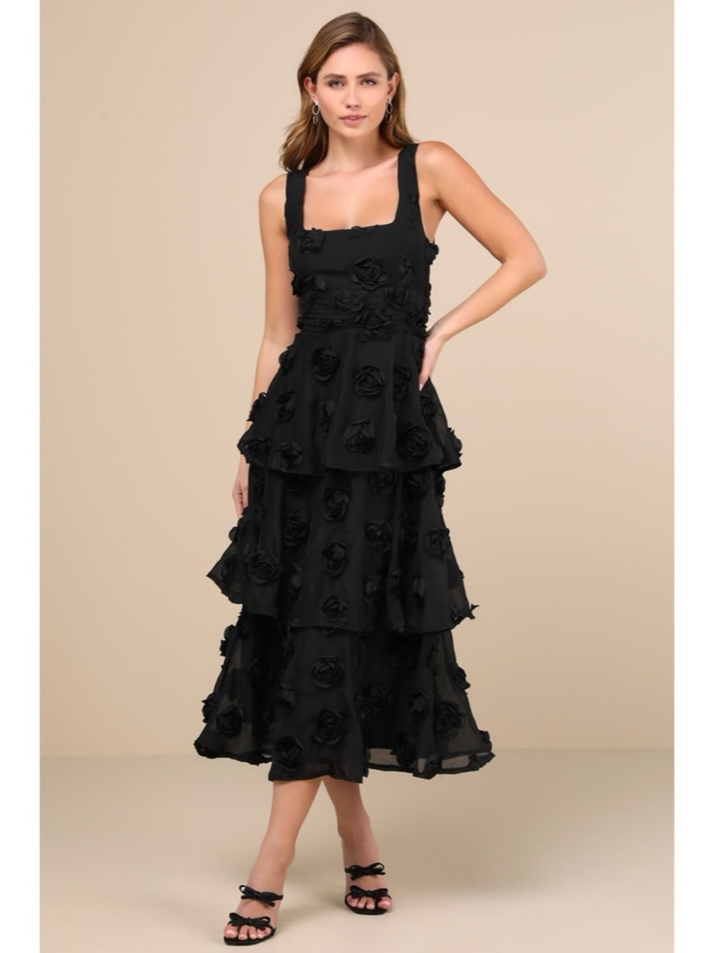 Lulu's Exceptional Entrance Black Sleeveless Tiered Rosette Midi Dress